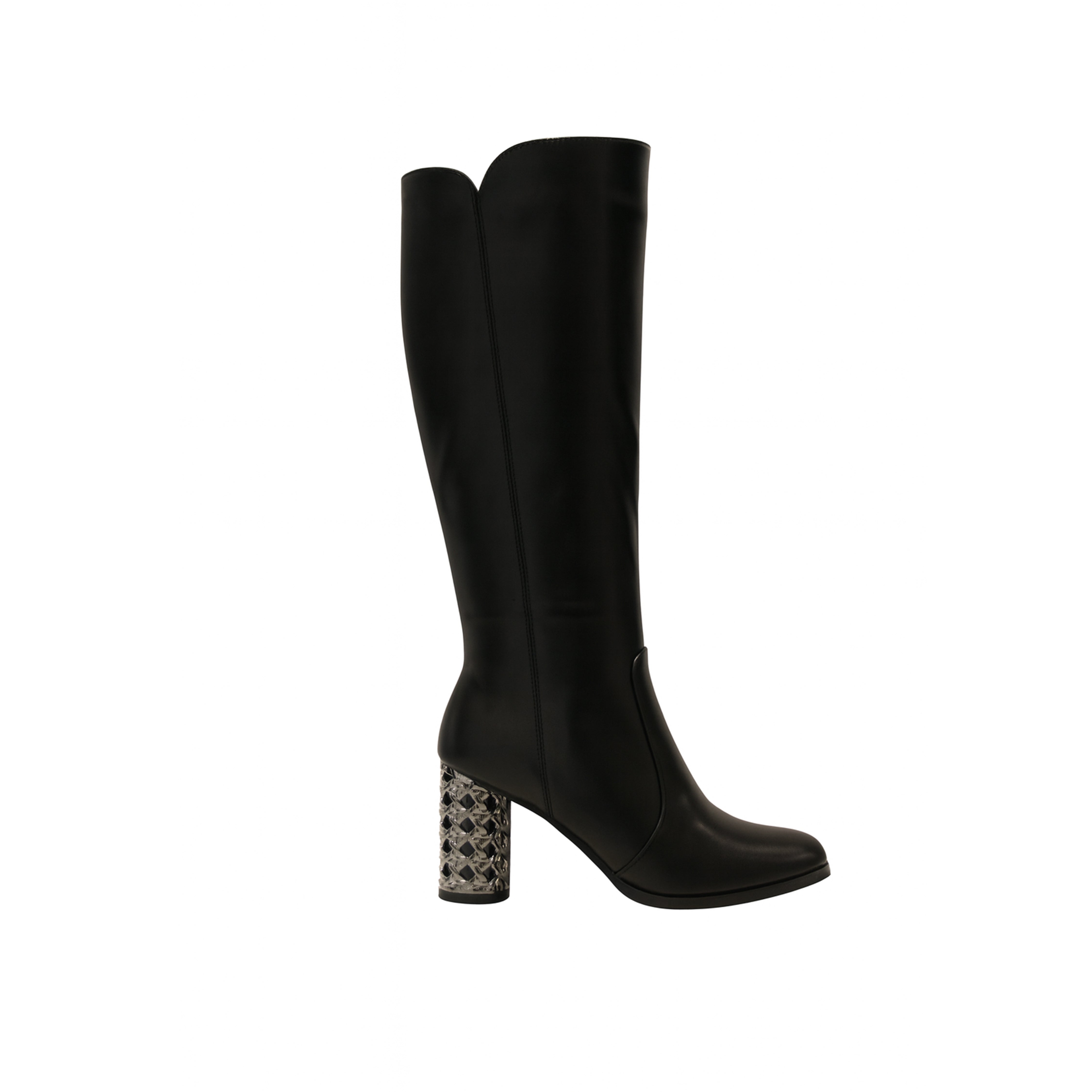 Miss Sweet – Black Patterned Heel Knee-High Boots